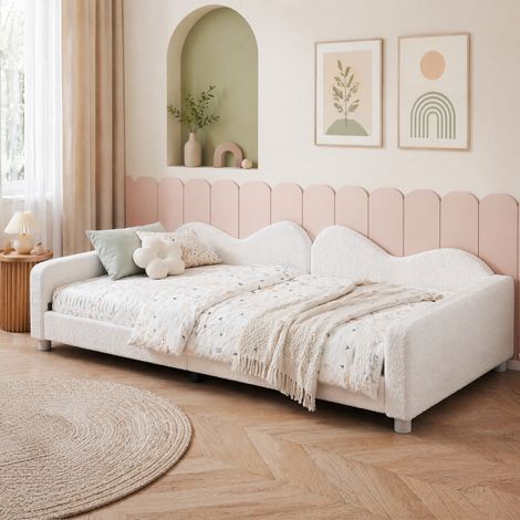 Bett im Schlafsofa-Stil 90x200 cm, Plushstoff Weiss, mit Rueckenlehne, Kopf- und Fussteil, Lattenrost (1/5)