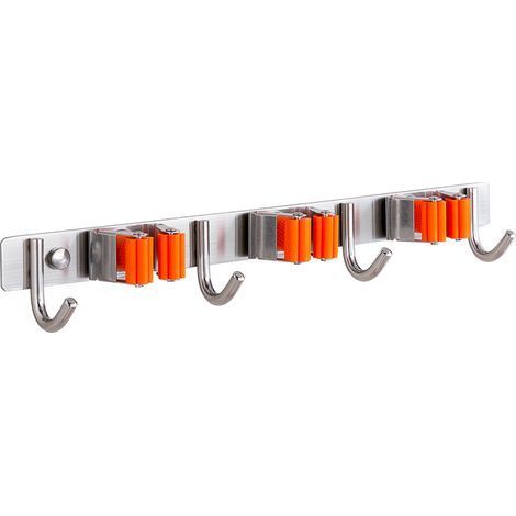 Porte Balai Mural Multifonctions, Auto-Adhesif Mop Balai Support, 304 Brossé Inoxydable, pour accrocher Les Outils, 3 Emplacements et 4 Crochets (1/5)