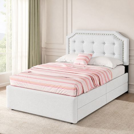 Cama 90x200 cm tapizada en tela, con cabecero regulable en 3 alturas, dos cajones de almacenaje y detalles decorativos en color beige claro  CHICFURN (1/5)