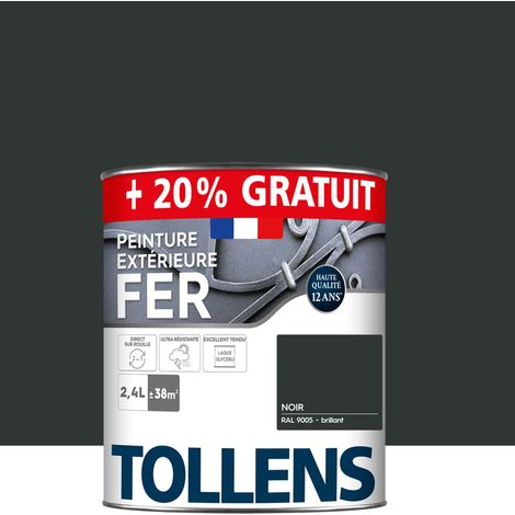 Tollens – Peinture fer extérieure antirouille 2 en 1 – Ultra résistante – Séchage rapide – Brillant noir RAL 9005 – 2,4L pour 38m²
