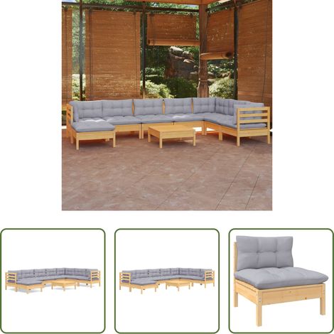 Terrassensofa - 9-tlg. Garten-Lounge-Set mit Grauen Kissen Kiefer Massivholz (1/5)