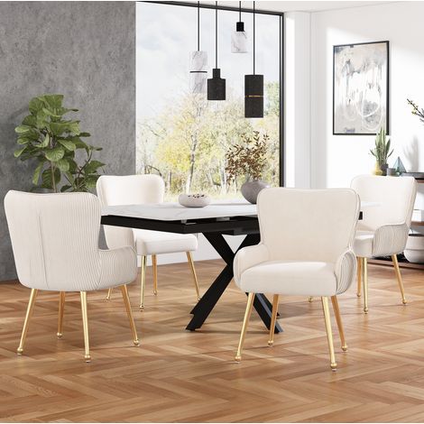 Samt-Esszimmerstuhl, 4er-Set, luxuriös, Wohnzimmer, Schlafzimmer, Lounge-Stuhl mit vier Goldene Metallstützbeinen, Mit Armlehnen und verstellbaren Füßen, Lendenwirbelstütze,Beige (1/5)