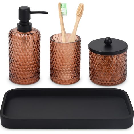 Ensemble d'accessoires de Salle de Bain, 4 pièces en Verre ambré, Distributeur de Savon, Porte-Brosse à Dents, Distributeur de Support Qtip et Plateau de courtoisie en résine, Organisateur de (1/5)