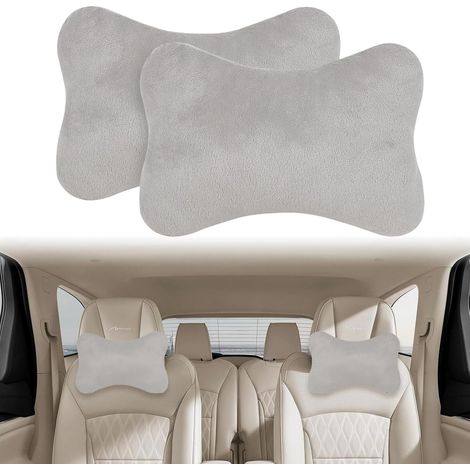 Lot de 2 coussins tour de cou de voiture, appuie-tête de voiture, doux et respirant avec sangle élastique/housse amovible pour la conduite, le bureau, le camping, design ergonomique confortable (gris) (1/5)