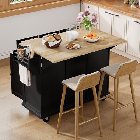 Îlot de cuisine mobile sur roulettes, espace repas extensible, avec poubelle et tiroirs, idéal pour la cuisine et la salle à manger (noir) (1/5)