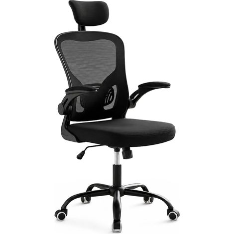 Relaxdays Bürostuhl, höhenverstellbar, drehbar, Wippfunktion, Lenden- & Kopfstütze, Mesh, Drehstuhl ergonomisch, schwarz (1/5)