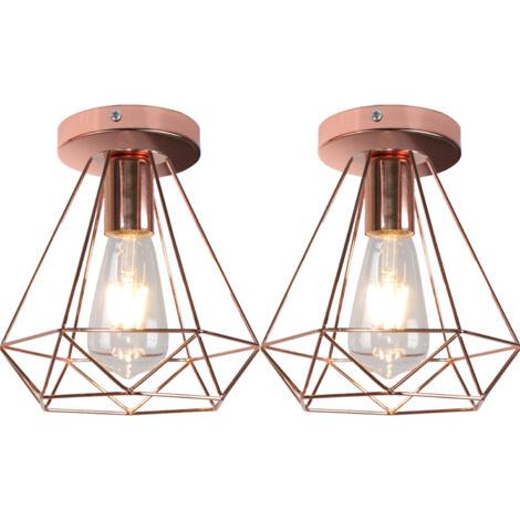 royaluxe- 2PCS-Plafonnier Rétro Diamant Or Rose Métal 20CM Lustre Industriel E27 Plafonnier Vintage Lampe De Plafond Antique