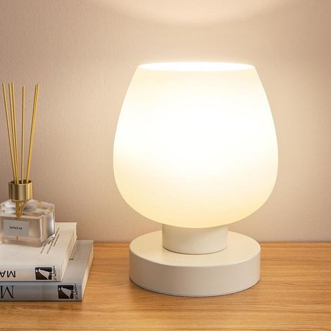 Lámpara de mesita de noche táctil, Lámpara pequeña para la cama con pantalla de cristal blanco, LED regulable en 3 niveles para espacios pequeños (1/4)