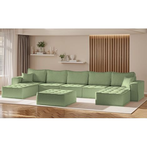 Wohnlandschaft Sofa U-Form Modulsofa-Set 6-teilig SANDE Stoff Alpine Hellgrün (1/5)