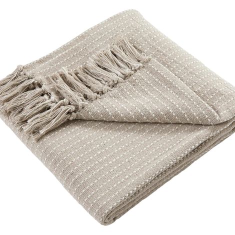 Jeté naturel 180×130 cm – coton recyclé durable, rayures tissées, pompon, décoration intérieur