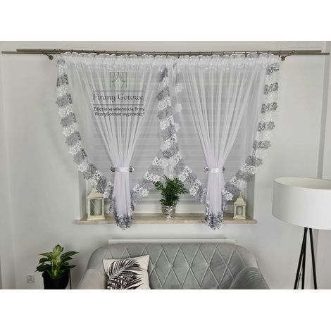 Tenda con elegante pizzo guipure 400/160 cm grigio e bianco (1/4)