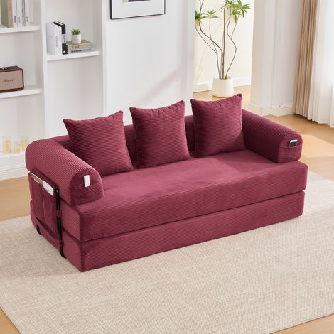 Canapé compressible rouge vin, cadre métal robuste, rangements latéraux, 3 coussins, personnalisable, pour salon (1/5)