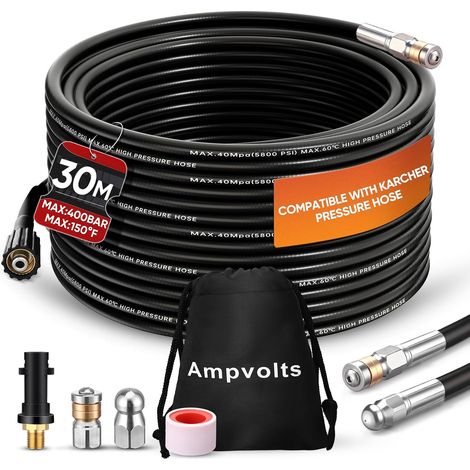 Déboucheur Canalisation Haute Pression 30 m, 400 bar/5800 PSI Avec adaptateur standard compatible avec K2 K3 K4 K5 K6 K7, pour nettoyer canalisations, tuyaux et évacuations (1/5)