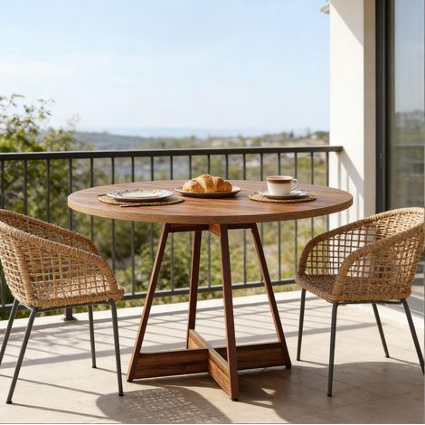 Table ronde en MDF marron Ø100 cm, table à manger pour 2 à 4 personnes, pied central (1/4)