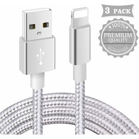 Câble PhoneCertifiéMFi3Pack 1m+2m+3m Tressé Nylon Câble pour 12/11/XS Max/XR/XS/X/ 8/7 Plus/ 6 Plus/ 6S/ 5S/ Se, Pad(Argenté)