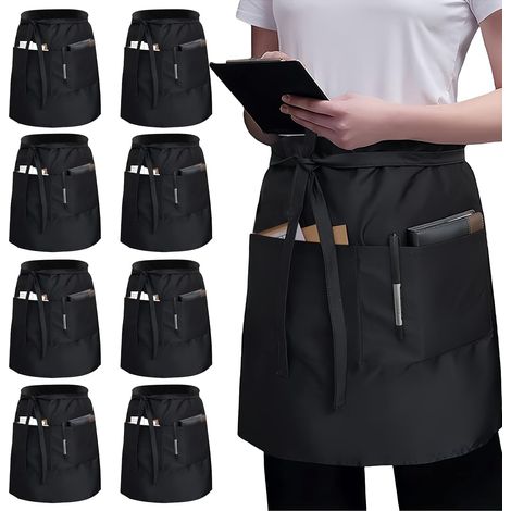 Tablier Noir, 8 Pièces 55 86CM Demi Tablier Avec 3 Poches, Taille Courte, Pour Café, Restaurant, Cuisine, Bar, Serveur, Boulanger (1/5)