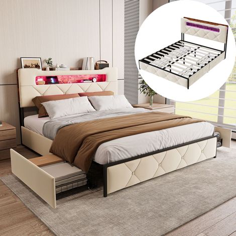 Letto matrimoniale 140x190 cm - Letto per adulti in velluto, con 4 cassetti di stoccaggio, illuminazione LED, porta USB e mensola nella testiera - Struttura in metallo e rete a doghe - Beige