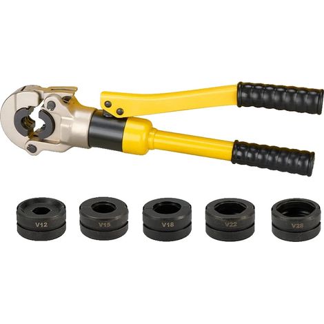 Herramienta de crimpado hidráulica, cuerpo de acero resistente, compatible con tamaños de 12 mm a 28 mm, presión máxima de 100 kN, mango ergonómico, mecanismo de bloqueo automático. (1/5)