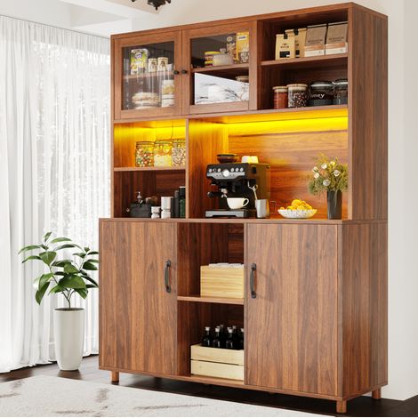 Hochschrank MDF walnussbraun mit Sicherheitsglas-Schiebetüren, LED-Beleuchtung, USB, 140 x 40 x 185 cm (1/5)