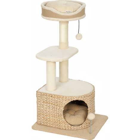 Arbre à chat design moderne style tressé 87 cm beige - 4 niveaux avec griffoir, niche en massette et perchoir en jute - Pour chat - Design élégant (1/5)