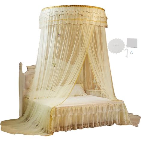 Rideau de lit Pliable Respirant Rideau de lit à baldaquin Rond Princesse de Dentelle pour la décoration de la Maison des ménages(Beige) (1/5)