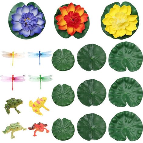 Lot de Lotus Artificiels Flottants Nénuphars avec Feuilles de Lotus Grenouilles et Libellules Décoration pour Bassin Piscine Jardin Fontaine Aquarium