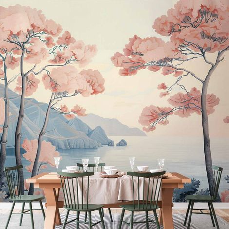 Papier peint photo - Paysage de falaises océaniques et d'arbres aux délicates nuances de rose / Motif délicat de falaises océaniques et d'arbres aux couleurs pastel (1/4)