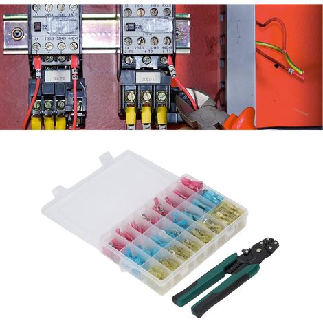 Un kit de sertissage de fils à cliquet auto-ajustable avec 200 connecteurs de fils isolés par virole pour connecteurs de fils AWG 22–10. (1/5)