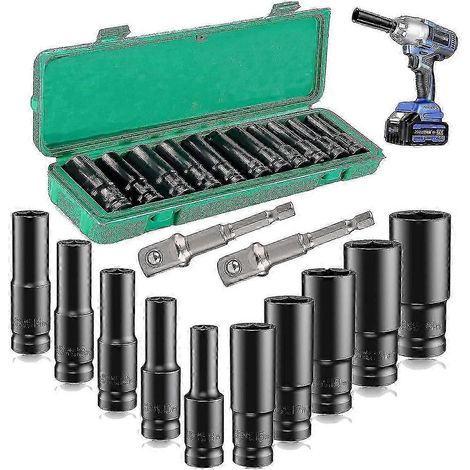 Coffret de douilles à impact profondes, 12 douilles 1/2 pouce (8-24 mm) et boîte de rangement avec rallonge pour douilles de vissage (1/5)