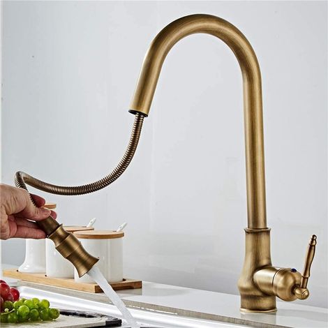 Mitigeur de cuisine rétro laiton antique – Bec orientable 360°, douchette extractible – Mélangeur chaud/froid, noir (1/5)