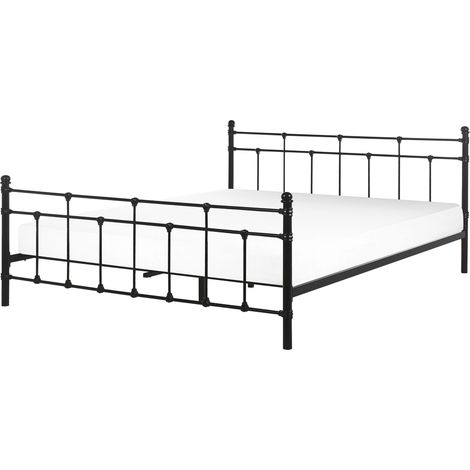 Letto matrimoniale in Metallo Nero con Rete a Doghe Barre Decorative 160 x 200 cm Lubbon