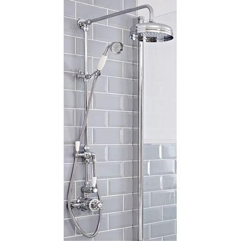 Milano Elizabeth Grand Rigid Riser with 2 Outlet Twin Exposed Thermostatic Mixer Shower Valve Round Rainfall Shower Head and Hand Shower Handset - Chrome & White