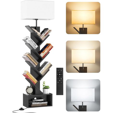Petite Bibliothèque Arbre en Bois sur Pied avec Éclairage, Étagère à 6 Niveaux avec Télécommande et Minuteur, Meuble d’Angle pour Livres, CD et DVD, pour Salon, Chambre, Bureau(Noir)