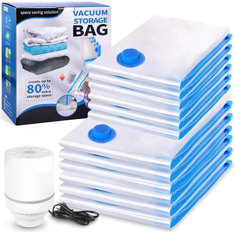 Sacs de Rangement Sous Vide Aspirateur 12 Pièces 6L 80x60cm 6S 60x40cm avec 1 Pompe à Air Électrique, Housses de Rangement Sous Vide Stockez Vêtements la Literie et les Bagages (1/5)