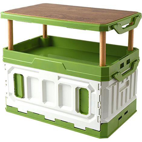 Pliante Boîte de Rangement Camping Grande Capacité 3 Niveaux Extensible avec Couvercle en Bois pour Voiture Vert Blanc (1/5)
