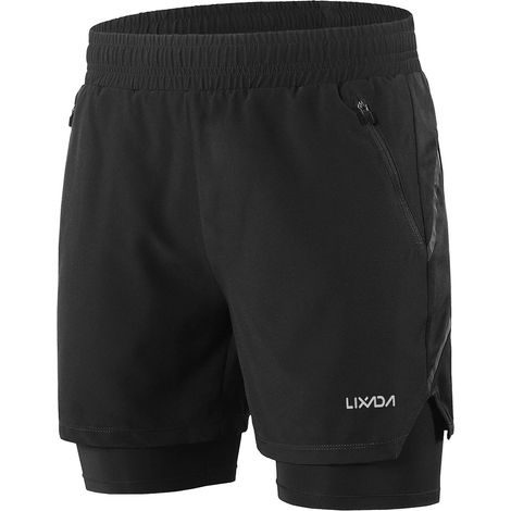 Lixada Herren 2-in-1 Laufshorts, schnelltrocknend, atmungsaktiv, für aktives Training, Joggen und Marathon, Größen C–XL, Schwarz