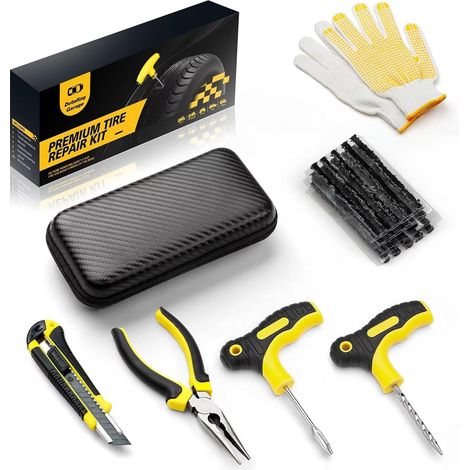 Kit de réparation de pneus tubeless 27 pièces, auto et moto, avec étui 20 mèches, outils à poignée en T, gants, pince, cutter et étui pour pneus tubeless de voiture, moto et utilitaire (1/5)