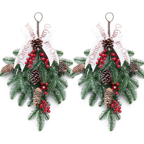 2 guirnaldas artificiales navideñas en forma de lágrima para puerta principal con bayas y piñas, 50 cm (19,6 pulgadas) de diámetro. (1/5)