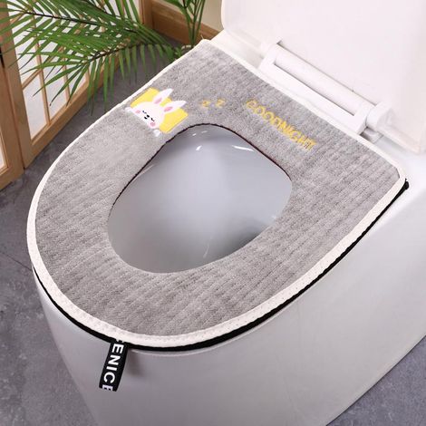 1 siège de toilette imperméable pour usage domestique (lapin gris), siège de toilette universel avec fermeture éclair, coussin chauffant, compatible avec la plupart des toilettes (sans autocollants) (1/4)