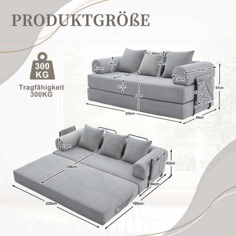 Canapé-lit pliable à structure métallique renforcée, 3 coussins inclus avec poches latérales. Lounge personnalisable, alliance métal-tissu contemporaine pour salon. Gris clair.