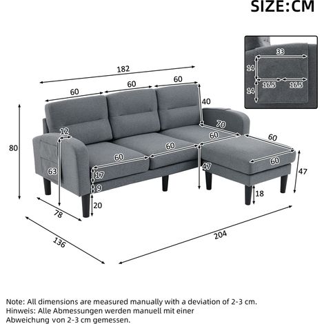 Canapé d'angle en L 3 places avec méridienne, petit sofa d'angle à rangement latéral, pieds surélevés 10 cm, parfait pour petit salon, dimensions 204 x 136 x 80 cm, gris. (1/5)