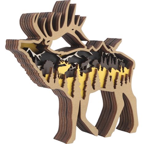 Boîte décorative en bois 3D multicouche, ornement en buis sculpté à la main, animal ajouré pour bureau, décoration Halloween Pâques élan (1/5)
