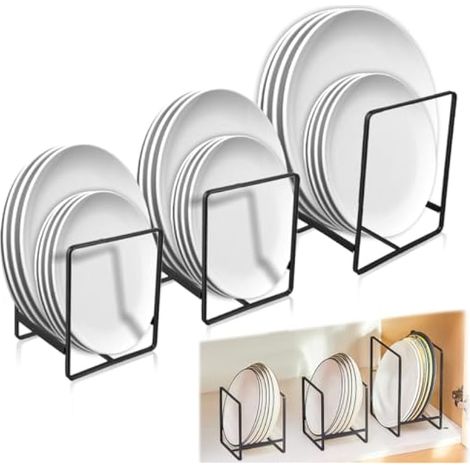Lot 3 Support Assiette Métal Poignée - Rangement Placard Assiettes Couvercles Casserole - Noir (1/5)