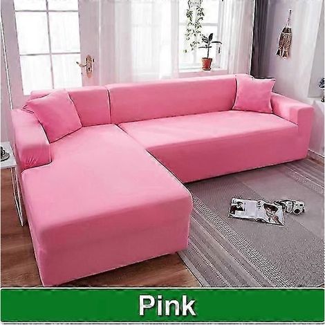 Housse de canapé unie pour salon, housse de canapé d'angle élastique en forme de L, housse extensible pour canapé (2 places 140-185 cm rose) (1/5)