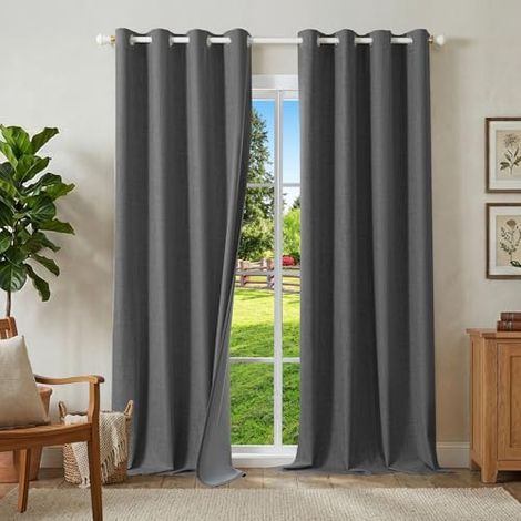 100% Rideau Occultant Thermique Isolant Anti Chaleur 140x240, Lot de 2 Lin Rideaux Fenêtre Opaques à Oeillets Gris Anti Froid UV Bruit, Intérieurs Decoration Dressing Salon Chambre (1/5)