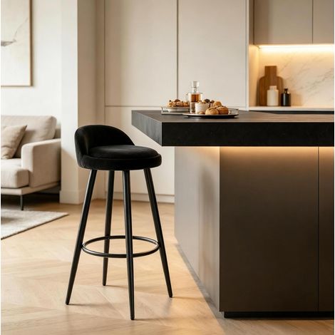 Tabouret de bar noir avec dossier bas, assise en velours, H 78,5 cm, métal et bois (1/4)
