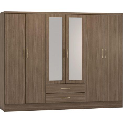 Nevada 6 Door 2 Drawer Mirrored Wardrobe - L52 x W230 x H182.5 cm - Rustic Oak Effect (1/5)