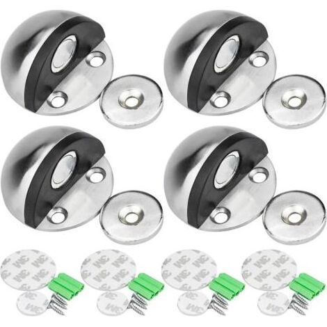 Butoir de porte magnétique en acier inoxydable, butée adhesive avec vis et 3M, protection porte et mur, lot de 2 (1/4)