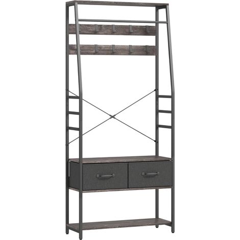 Coat Rack with Shoe Storage, Hall Tree, Industrial Coat Stand with Shoe Bench, 10 Removable Hooks, 2 Fabric Drawers and Clothes Rail for Entryway, Hallway, Grey
