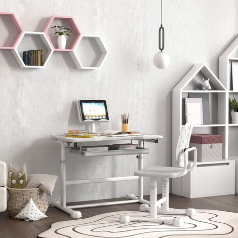 Bureau enfant avec chaise réglable en hauteur, plateau inclinable à 45°, tiroir et étagère, gris (1/5)